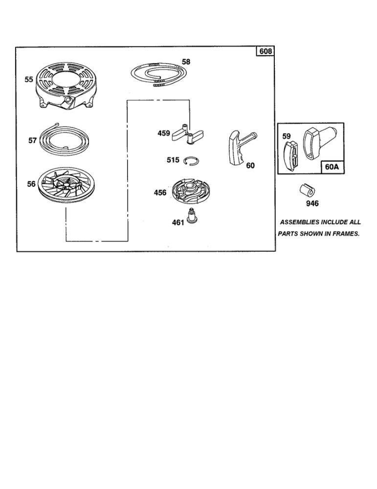 Starter-Rewind Diagram and Parts List for 12F800-12F899 0821-0829-0873 Briggs and Stratton Engine